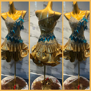 Latin Dance Dress Women Gold Sequin Teal Fringe Ruffled Skirt Strappy Back