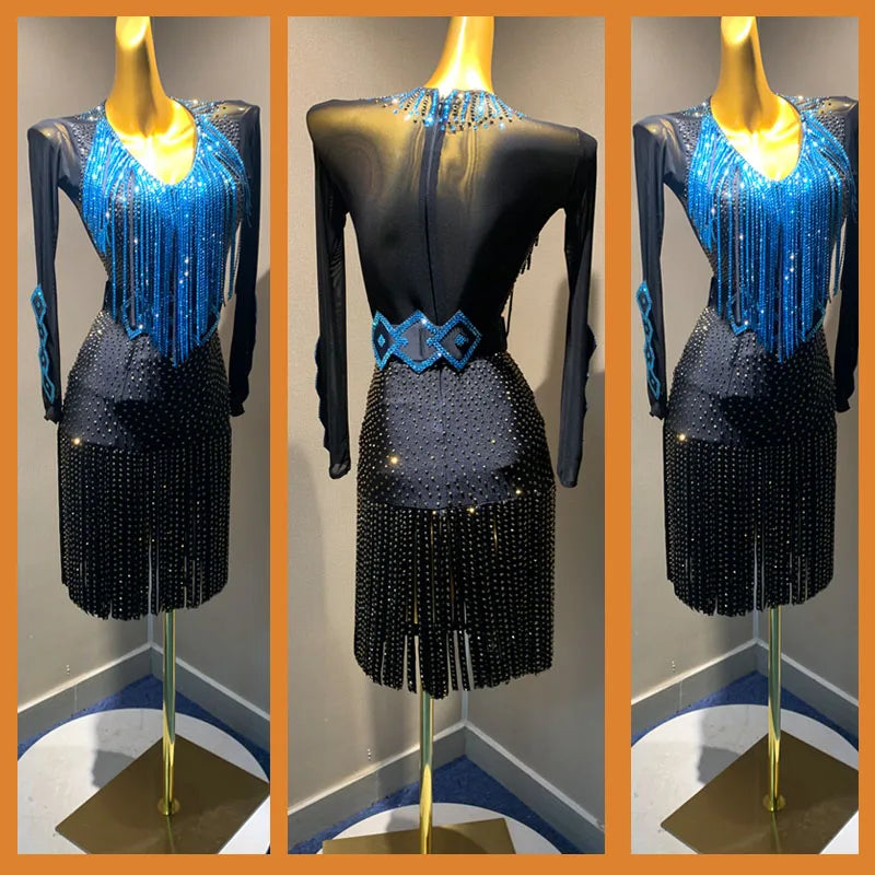 Women's Black & Blue Fringe Sequin Latin Rhythm Dance Dress