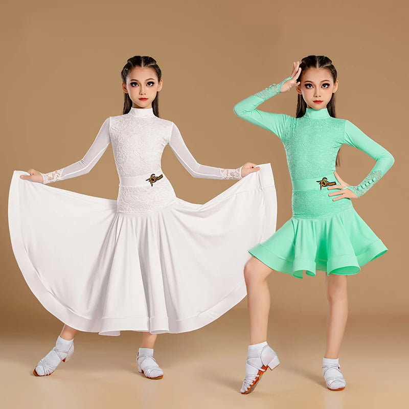 Girls White and Mint Green Lace Long Sleeve Ballroom Dance Dress
