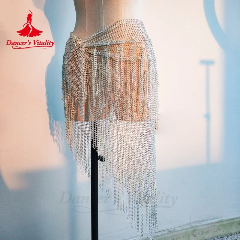 Belly Dance Hip Scarf, Women's Teal Blue Sequin Fringe Mesh Skirt, Latin Dance Hip Wrap