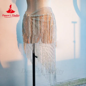 Belly Dance Hip Scarf, Women's Teal Blue Sequin Fringe Mesh Skirt, Latin Dance Hip Wrap