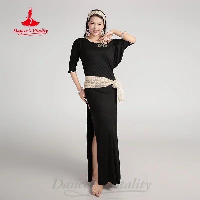 Belly Dance Dress Women's Black Gold Sequin Slit Long Sleeve Maxi Dress with Hip Scarf