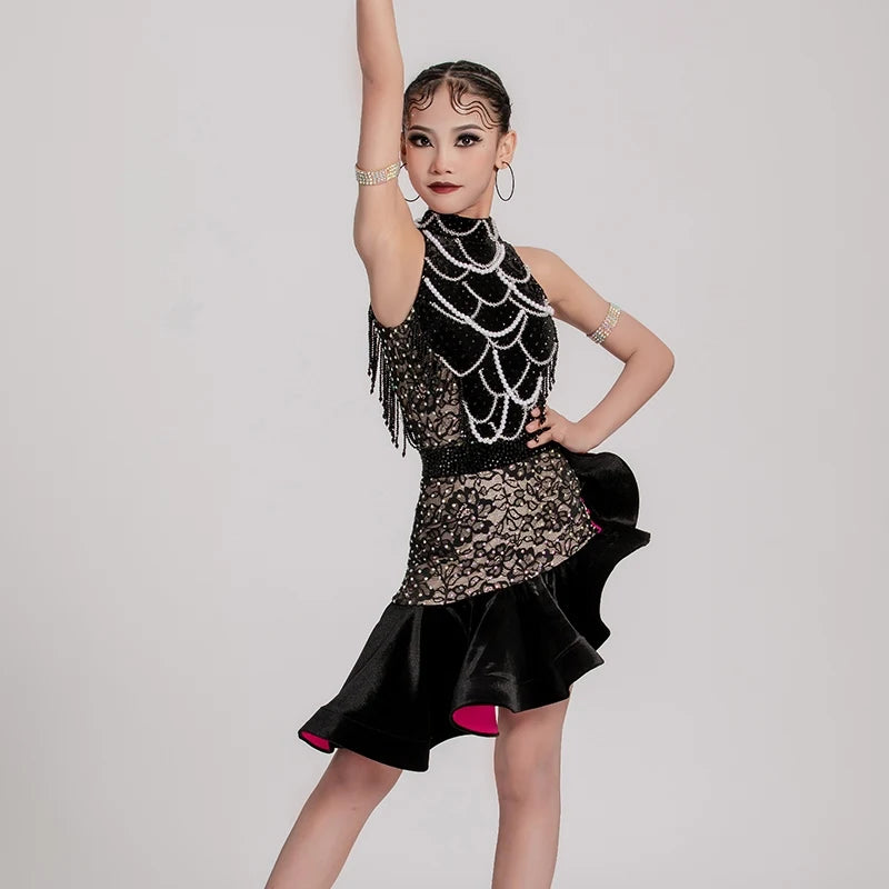 Dance Dress Girls Black and Beige Lace Beaded Halterneck Ruffled Latin Ballroom