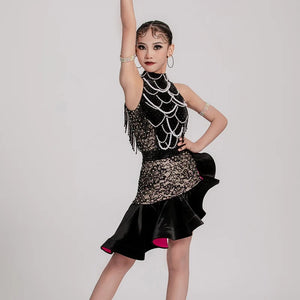 Dance Dress Girls Black and Beige Lace Beaded Halterneck Ruffled Latin Ballroom