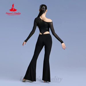 Women's Pink One-Shoulder Mesh Long Sleeve Cutout Embellished Latin Dance Jumpsuit with Flared Pants