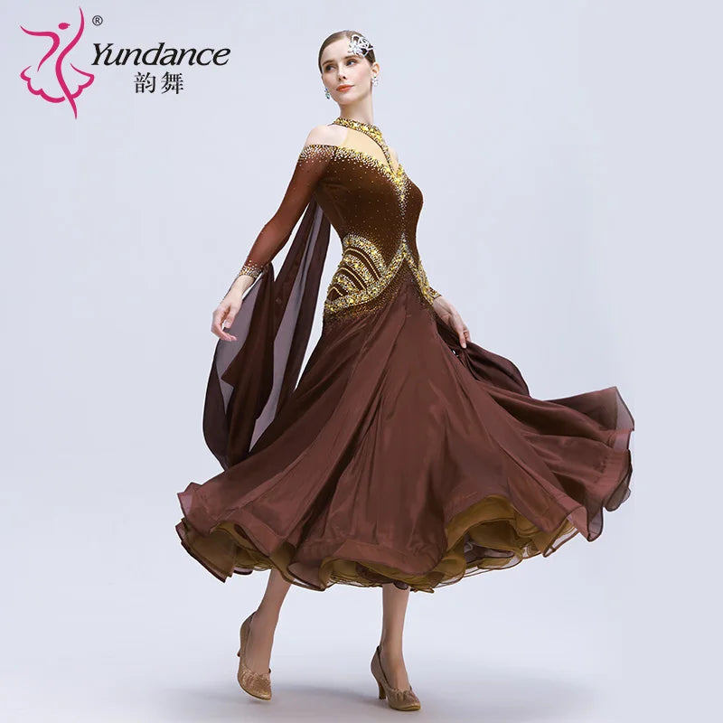 Women's Standard Ballroom Dance Dress With Rhinestones Long Chiffon Coffee For Competition