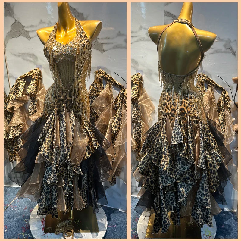 Women's Leopard Print Gold Sequin Halter Latin Dance Dress with Ruffled Skirt