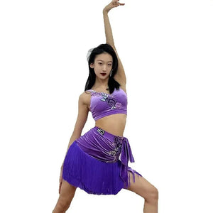 Women's Purple Velvet Embroidered Fringe Latin Dance Skirt Set