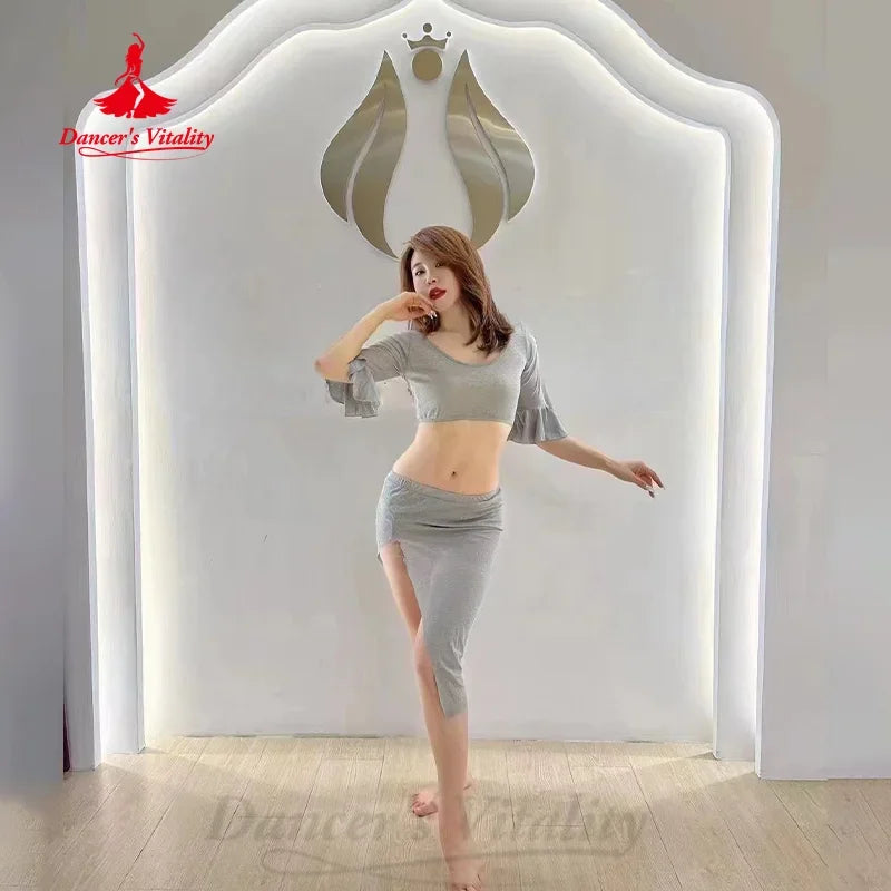 Women's Belly Dance Costume Set 2-Piece Flare Sleeve Top & Asymmetrical Short Skirt For Performance