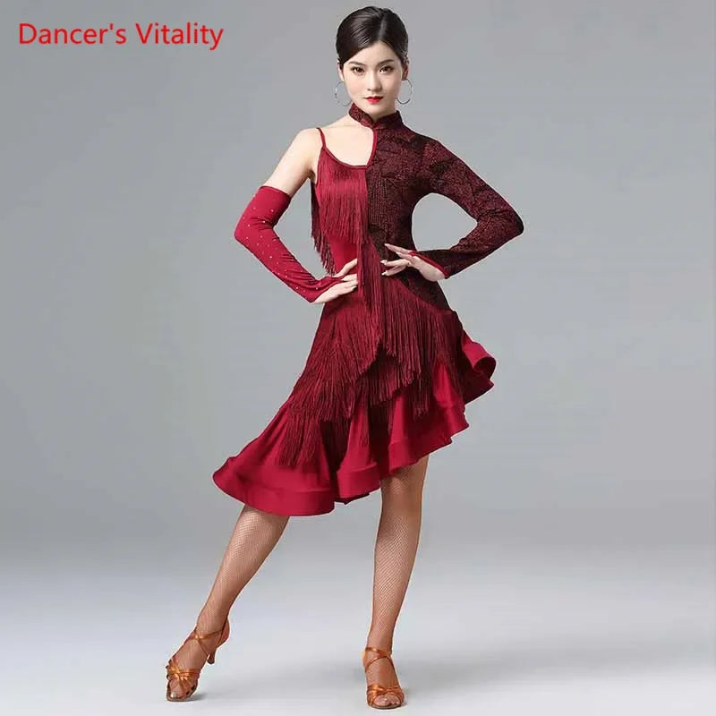 Women's Gold & Grey Asymmetrical Fringe Latin Dance Dress with Long Sleeves