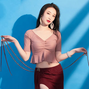 Women's Green Glitter Slit Maxi Skirt & Ruffled V-Neck Top Belly Dance Costume