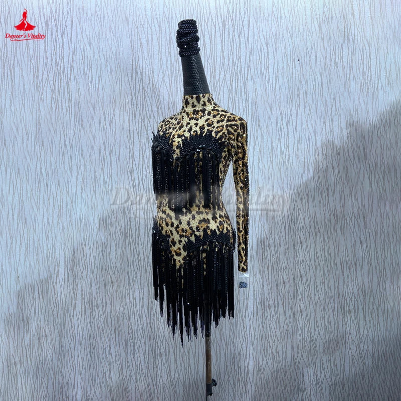 Women's Latin Dance Competition Dress With Tassel, Long Sleeves, Leopard Print