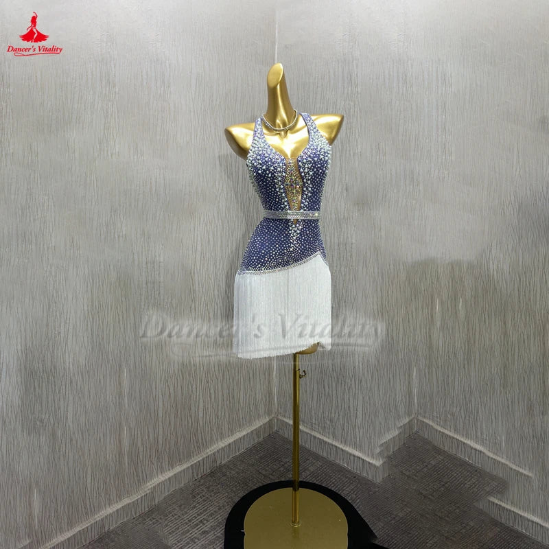 Adult Latin Ballroom Dance Dress With AB Rhinestones And Tassels For Competition