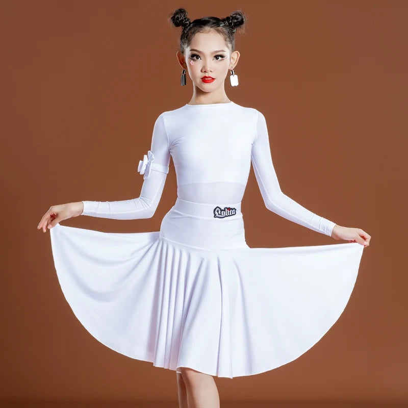Girls Latin Dance Dress, Long Sleeve, Pleated Skirt, Ballroom Performance Costume