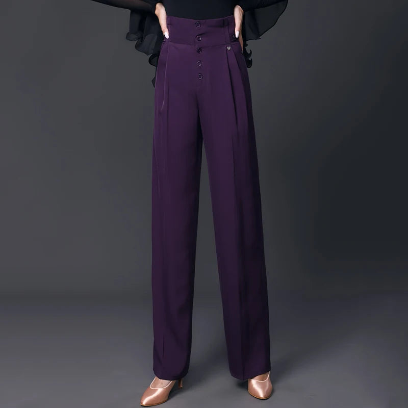 Women's White/Lavender/Black Off-Shoulder/Square Neck/Asymmetrical Ruffle Top with Pink/Lavender/Purple High-Waisted Wide-Leg Pants for Ballroom Dance