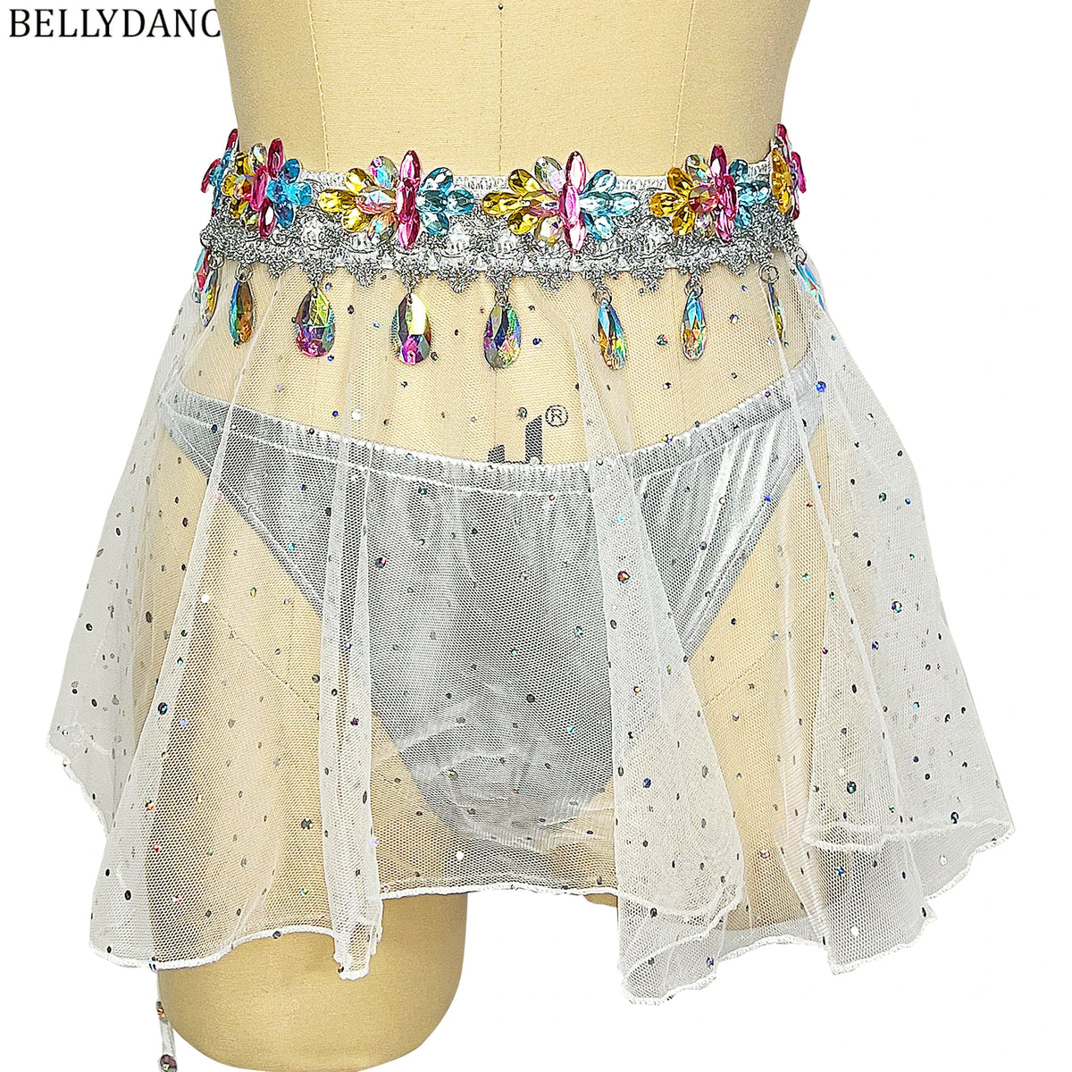 Belly Dance Women's Black and White Sequin Mesh Skirt and Rhinestone Bra Set, Carnival Festival Costume