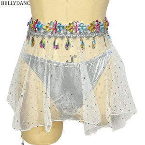 Belly Dance Women's Black and White Sequin Mesh Skirt and Rhinestone Bra Set, Carnival Festival Costume