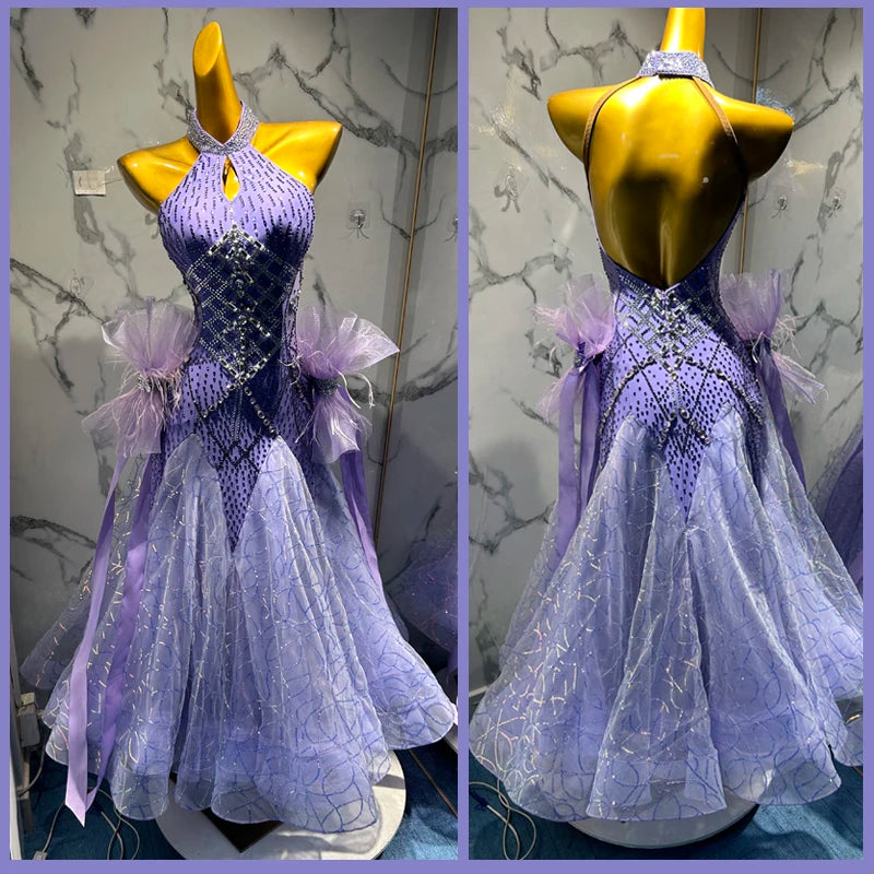 Women's Lavender Ballroom Dance Dress with Rhinestone Embellishments and Tulle Skirt