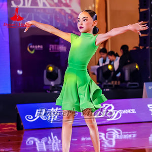 Girls Green Short Sleeve Ruffled Latin Dance Dress
