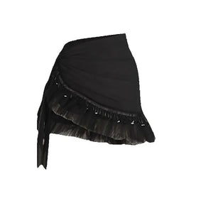 Women's Black, Pink, Ivory Long Sleeve V-Neck Wrap Bodysuit with Ruffled Tulle & Satin Tie Skirt for Latin Ballroom Dance