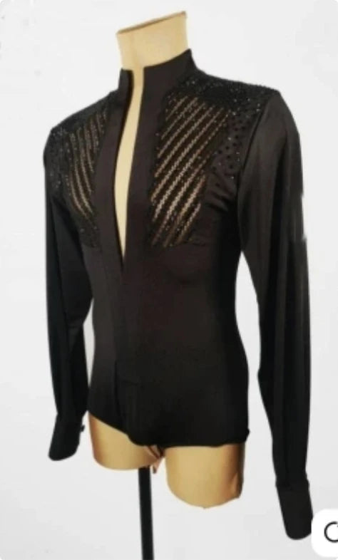 Men's Black Embellished Mesh Ballroom Latin Dance Shirt