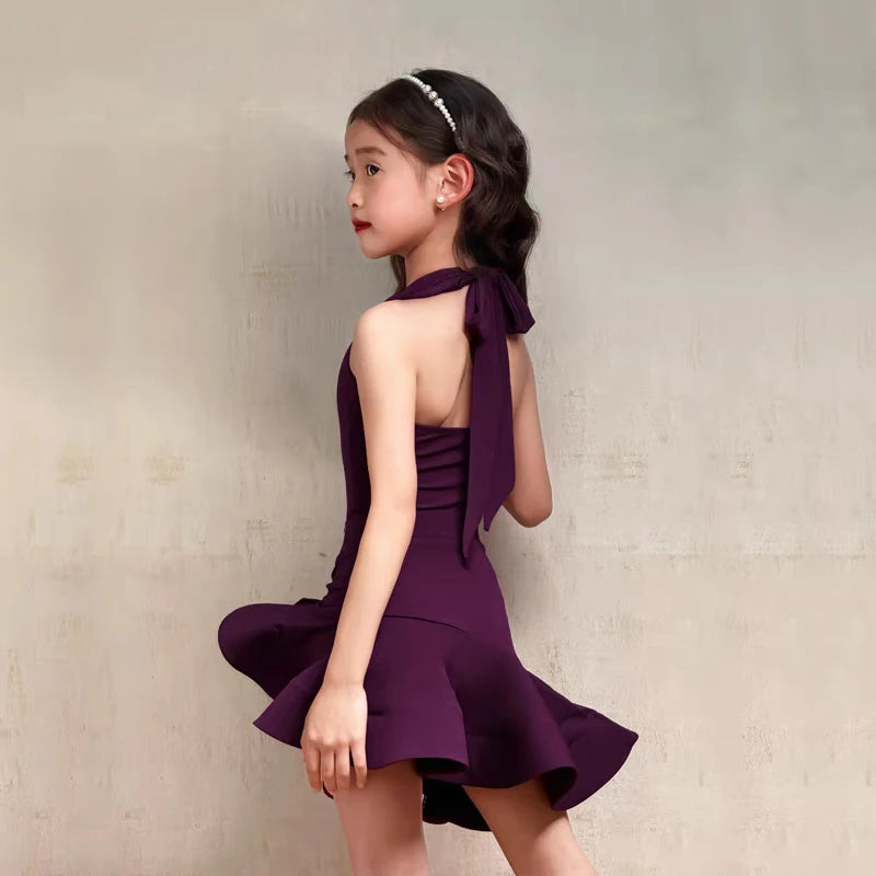 Girls' Purple Halter Neck Ruffled Performance Dance Dress, Lycra Spandex, Latin Ballroom
