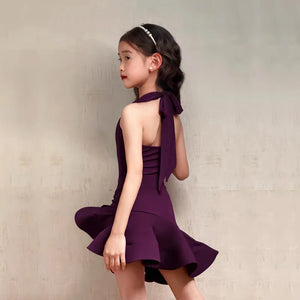 Girls' Purple Halter Neck Ruffled Performance Dance Dress, Lycra Spandex, Latin Ballroom