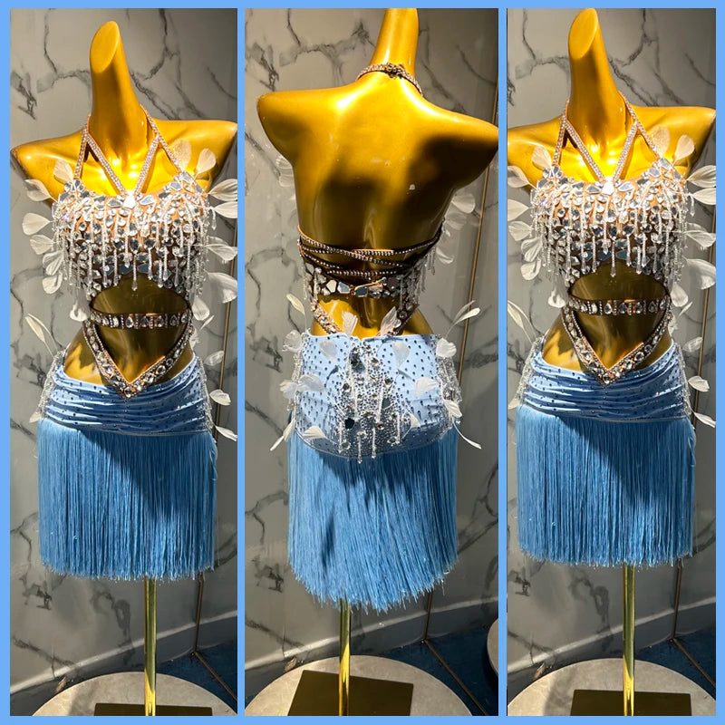 Women's Light Blue Rhinestone Feather Fringe Latin Dance Dress, Halter Neck, Two-Piece, Embellished, Performance Costume