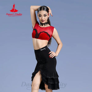 Women's Red and Black Lace Mesh Off-Shoulder Crop Top and Ruffled Slit Skirt Latin Dancewear