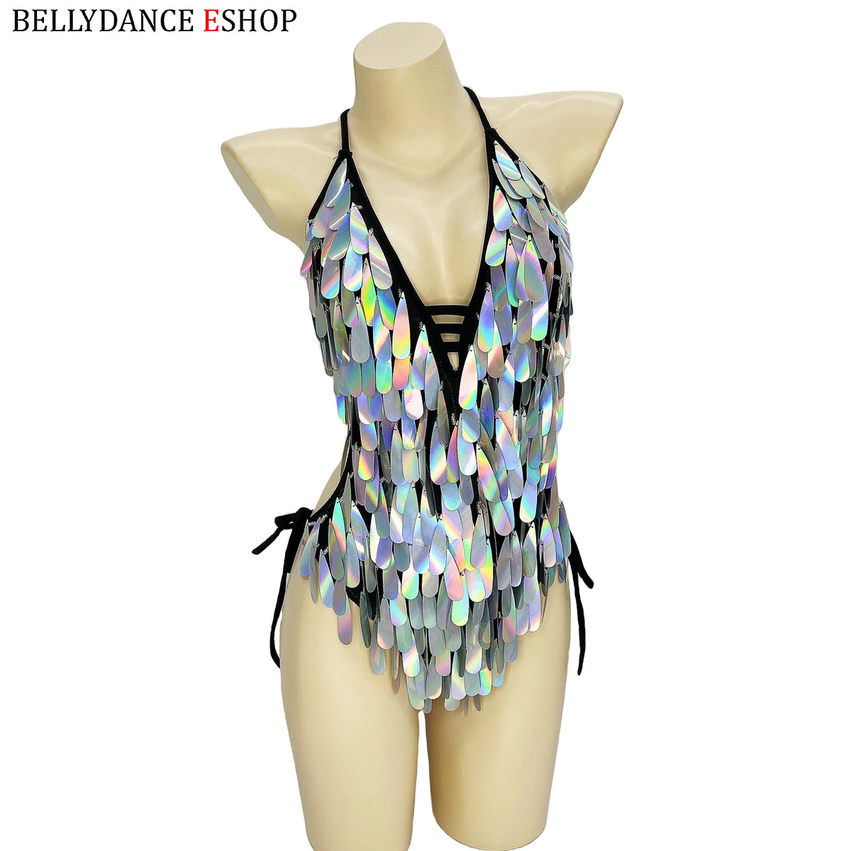 Women's Iridescent Sequin Fringe Halter Bodysuit, Belly Dance/Stage Wear