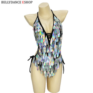 Women's Iridescent Sequin Fringe Halter Bodysuit, Belly Dance/Stage Wear