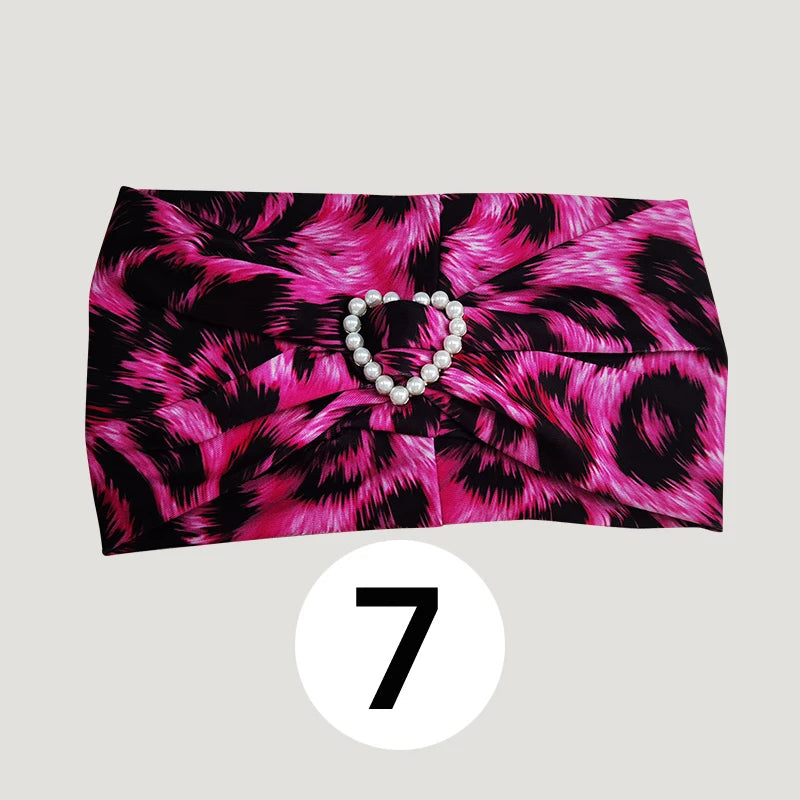 Girls' Embellished Headband for Dance, Various Colors & Animal Prints, Stretch Fabric, Heart Pearl Accent