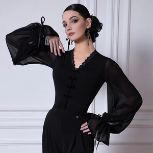 Women's Black and Brown Sheer Sleeve Ruffled Jumpsuit with Velvet Buttons for Latin Dance
