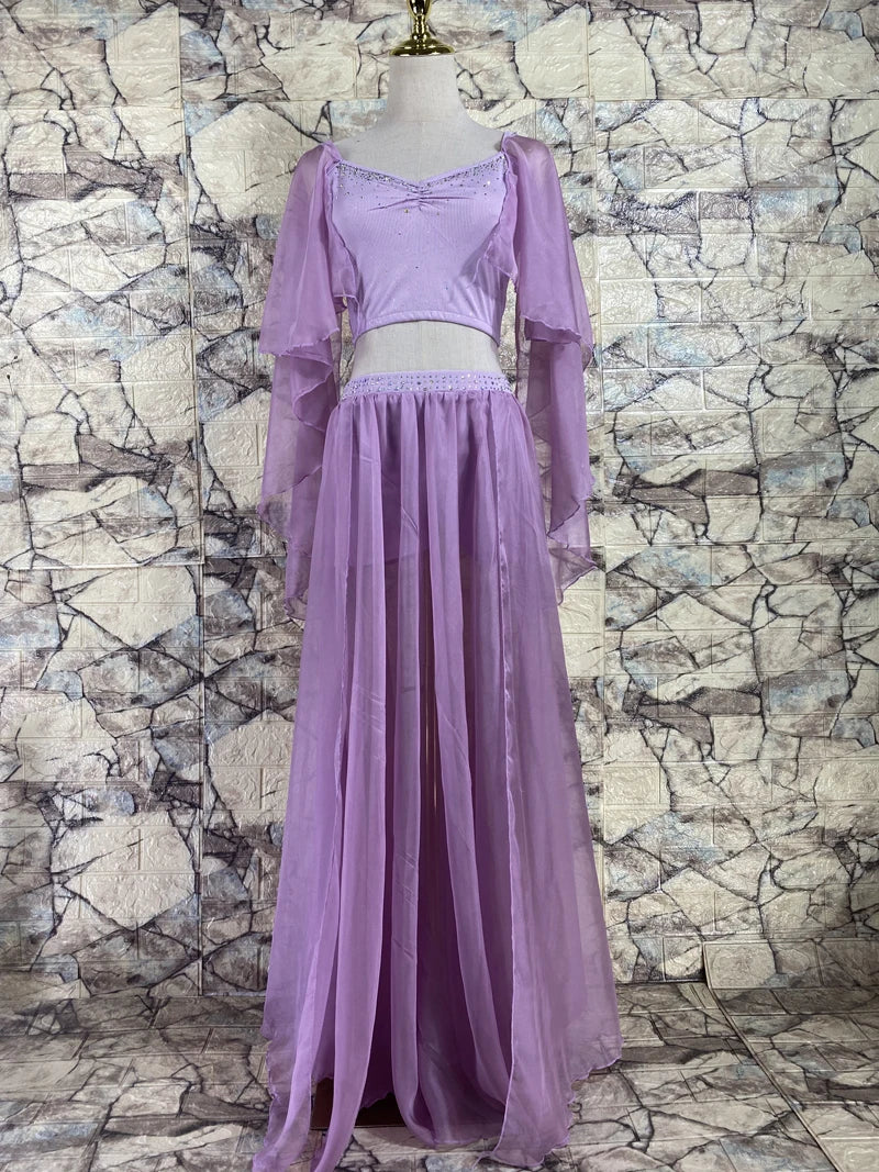 Belly Dance Costume Women's Royal Blue Chiffon & Spandex Crop Top with Sheer Sleeves and Long Skirt with Slits