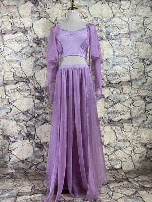 Belly Dance Costume Women's Royal Blue Chiffon & Spandex Crop Top with Sheer Sleeves and Long Skirt with Slits