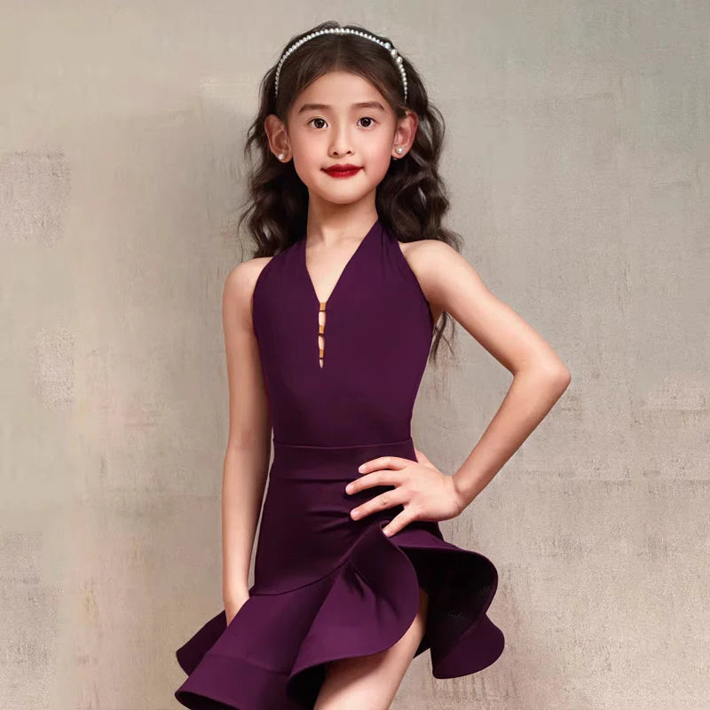 Girls' Purple Halter Neck Ruffled Performance Dance Dress, Lycra Spandex, Latin Ballroom