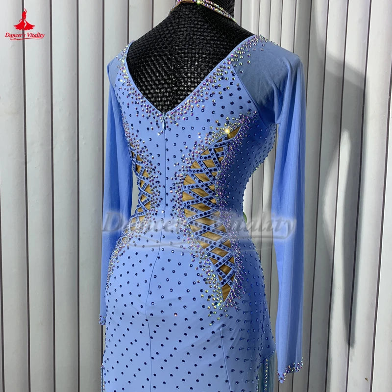 Latin Ballroom Dance Dress With AB Rhinestones, Long Sleeves And Tassels For Adults And Kids Performance