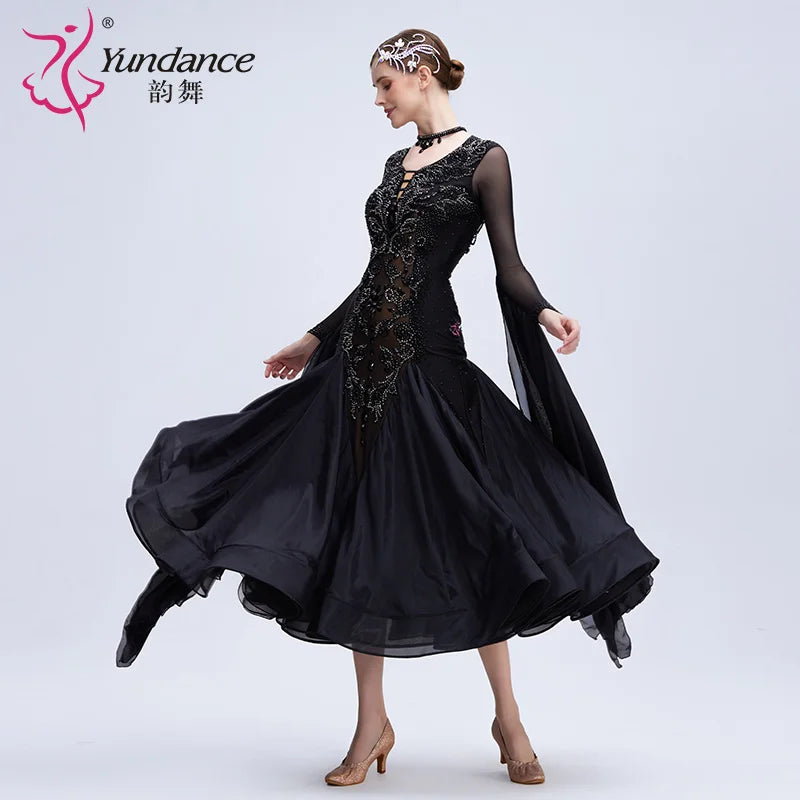 Women's Standard Ballroom Dance Dress In Black Satin Chiffon For Stage Performance