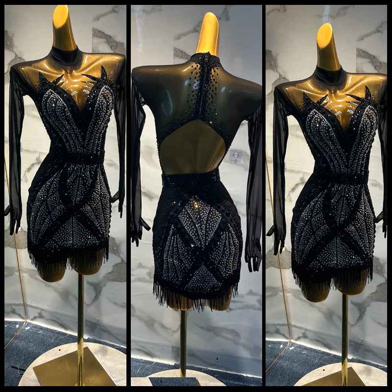 Women's Black Sequin Fringe Cutout Long Sleeve Latin Dance Dress