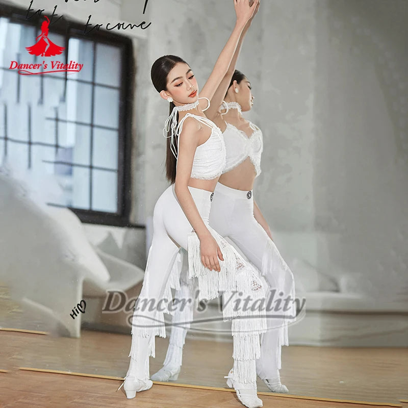 Women's White Lace Ruffled Crop Top Latin Dance Bra, Women's Black Sequin Lace Camisole Latin Dance Top