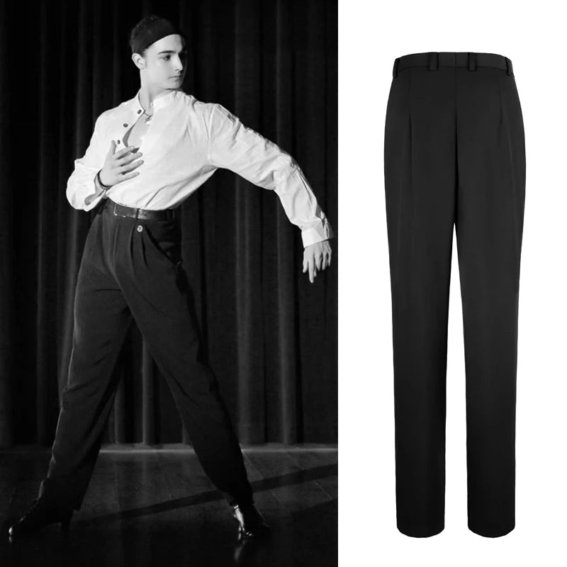 Men's Black Pleated Dance Trousers - Polyester Blend, High-Waisted, Straight Leg for Latin Ballroom