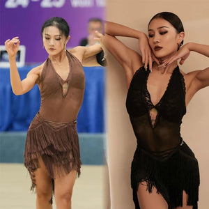 Women's Black & Brown Lace Halter Neck Fringe Latin Dance Dress