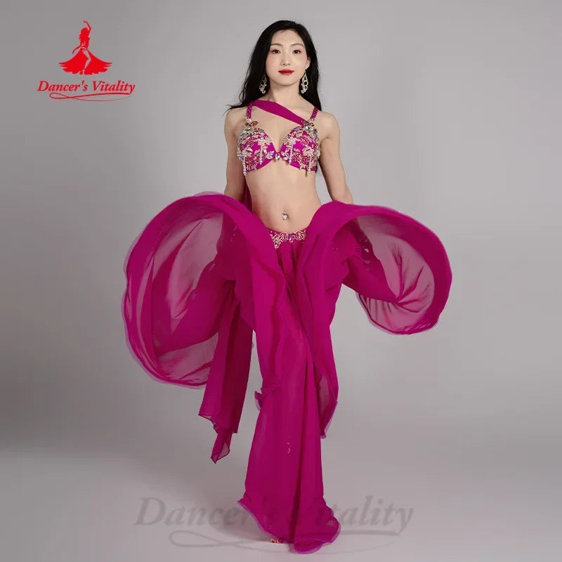 Belly Dance Set Women's Customized Exquisite Pearl Bra+Sexy Split Long Skirt 2pcs Belly Dancer Professional Performance Costume