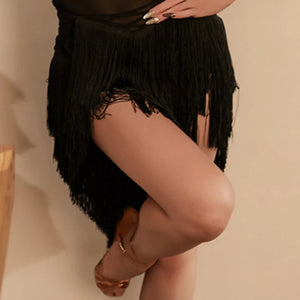 Women's Black & Brown Lace Halter Neck Fringe Latin Dance Dress