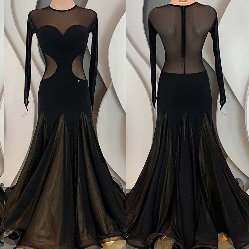 Women's Black & Gold Sheer Mesh Sweetheart Cutout Long Sleeve Ballroom Dance Dress