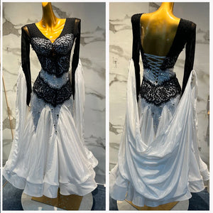 Ballroom Dance Dress Women Black White Lace Sequin Long Sleeve Open Back Standard Waltz Foxtrot Competition Gown