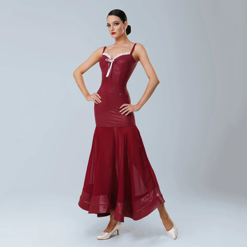 Women's Red Faux Leather & Chiffon Mermaid Latin Dance Dress with Ruffle Trim & Tie Detail