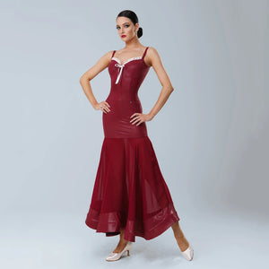 Women's Red Faux Leather & Chiffon Mermaid Latin Dance Dress with Ruffle Trim & Tie Detail
