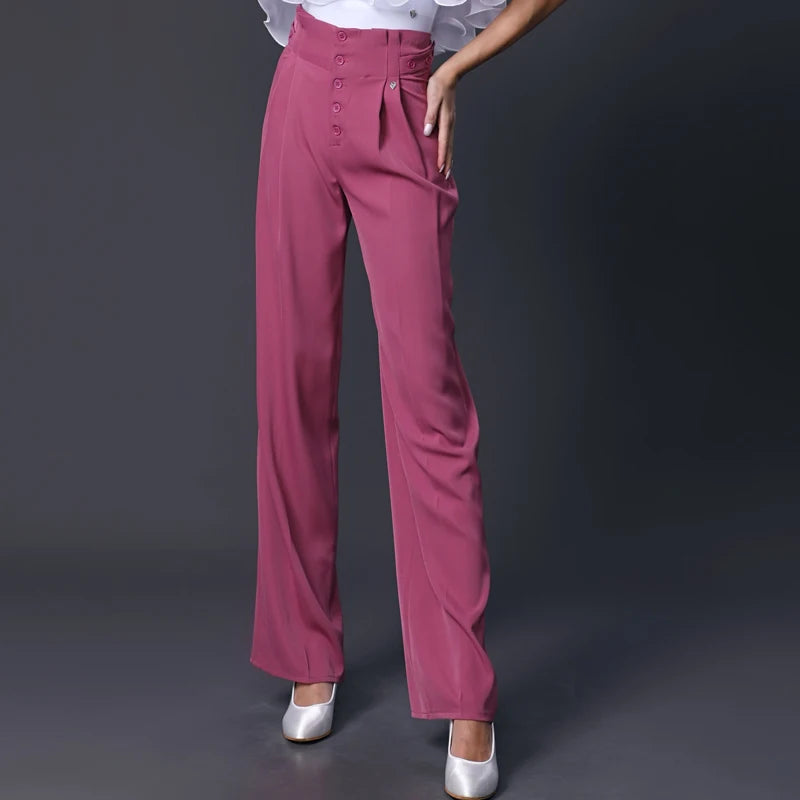 Women's White/Lavender/Black Off-Shoulder/Square Neck/Asymmetrical Ruffle Top with Pink/Lavender/Purple High-Waisted Wide-Leg Pants for Ballroom Dance