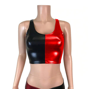 Women's Shiny Metallic Patchwork Crop Top Sleeveless Tank Top Faux Leather Multi-Color Rave Party Clubwear 7XL